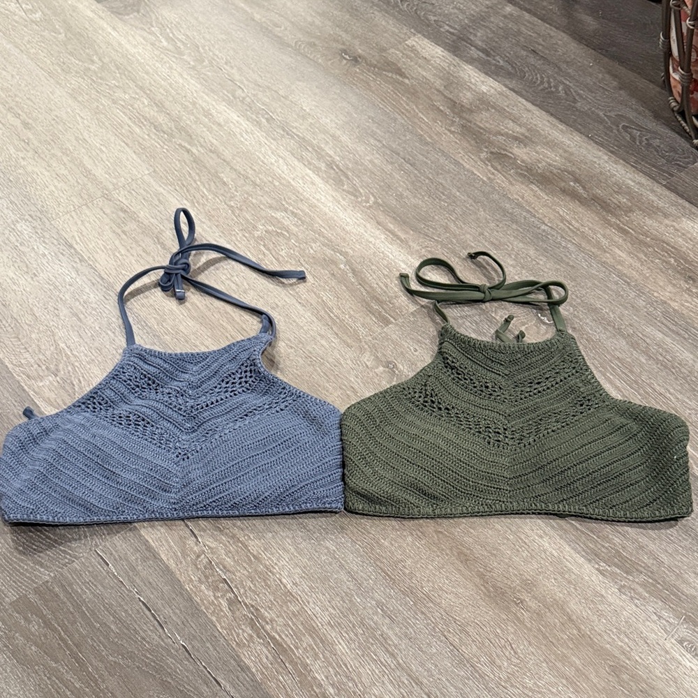 Women's Blue and Green Knit Bikini Tops